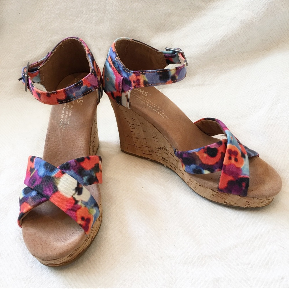 [TOMS] Colorful Open Toe Wedge Cork Heels Size 5.5